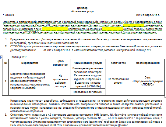 Акт маркетинговых услуг образец