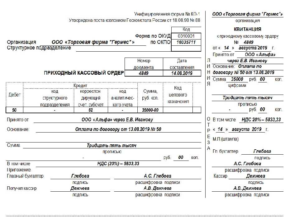 Приходный кассовый ордер образец заполнения