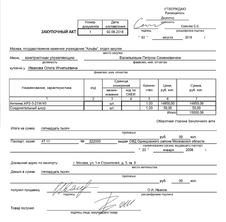 Образец акта закупки у физического лица