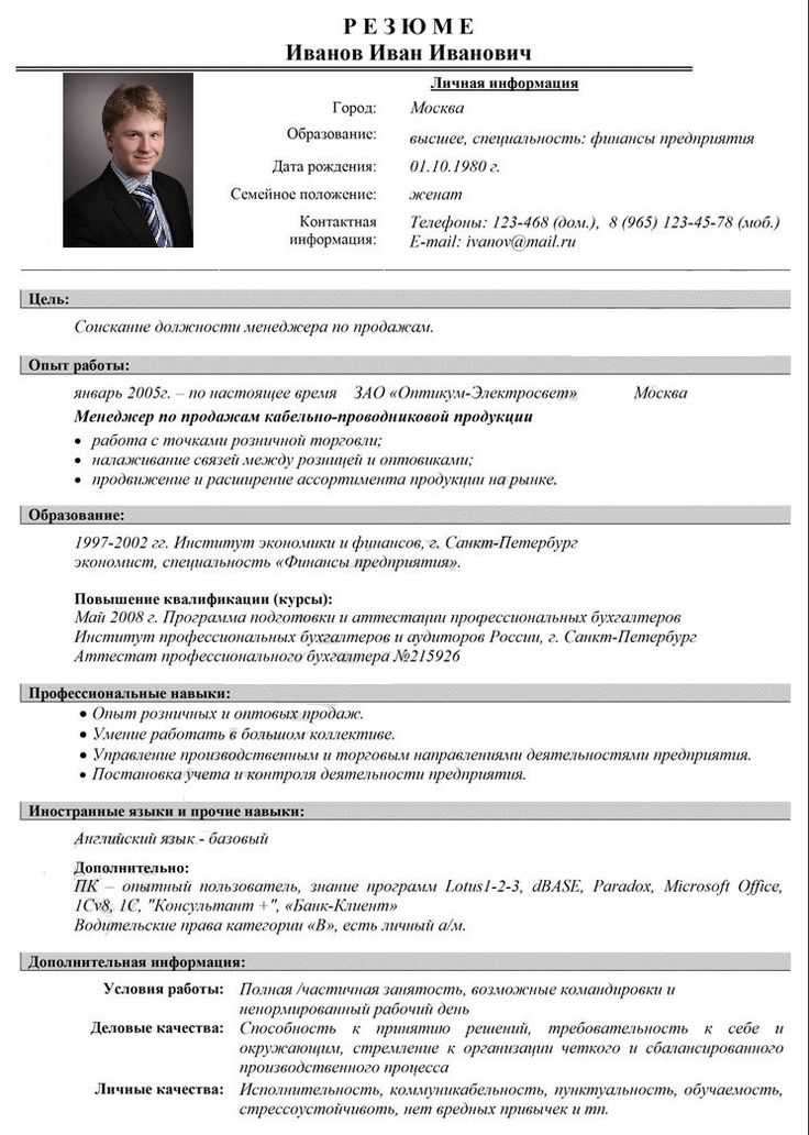 Образец резюме для устройства на работу