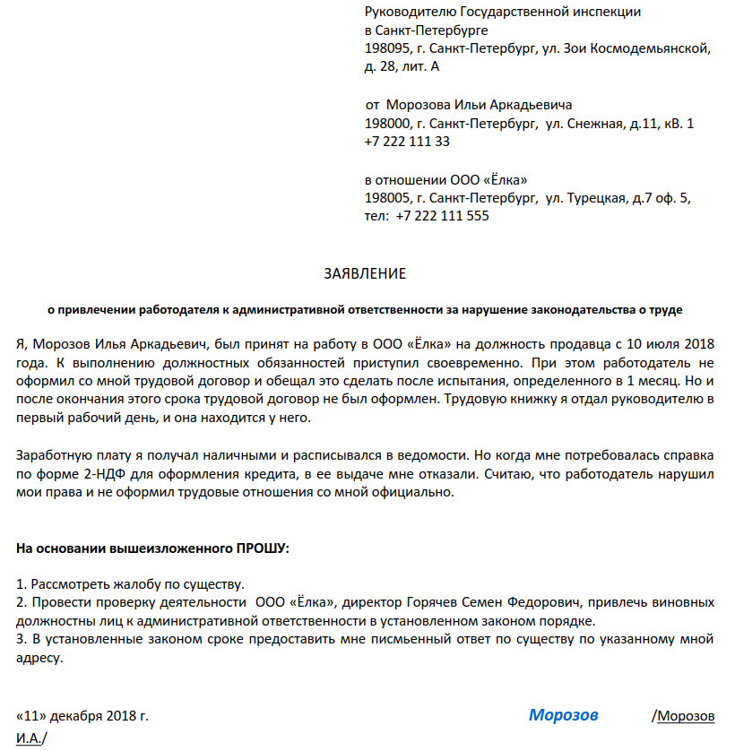 Обращение в трудовую инспекцию образец о нарушении трудовых прав